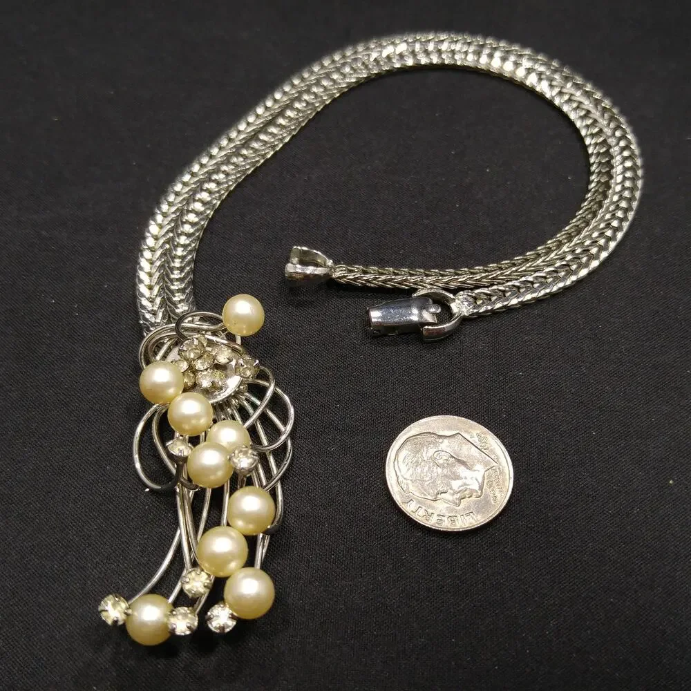 Vintage Hobé Pearl Rhinestone Modernist Necklace 16 Inch